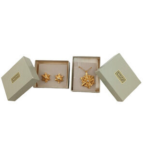 Avon Gold Tone Snowflake Necklace & Earrings Set with Clear Rhinestones Elegant